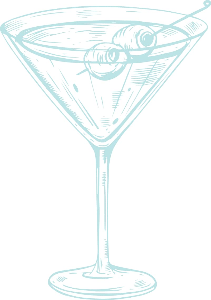 Illustration of a martini with two olives on a coctail stick