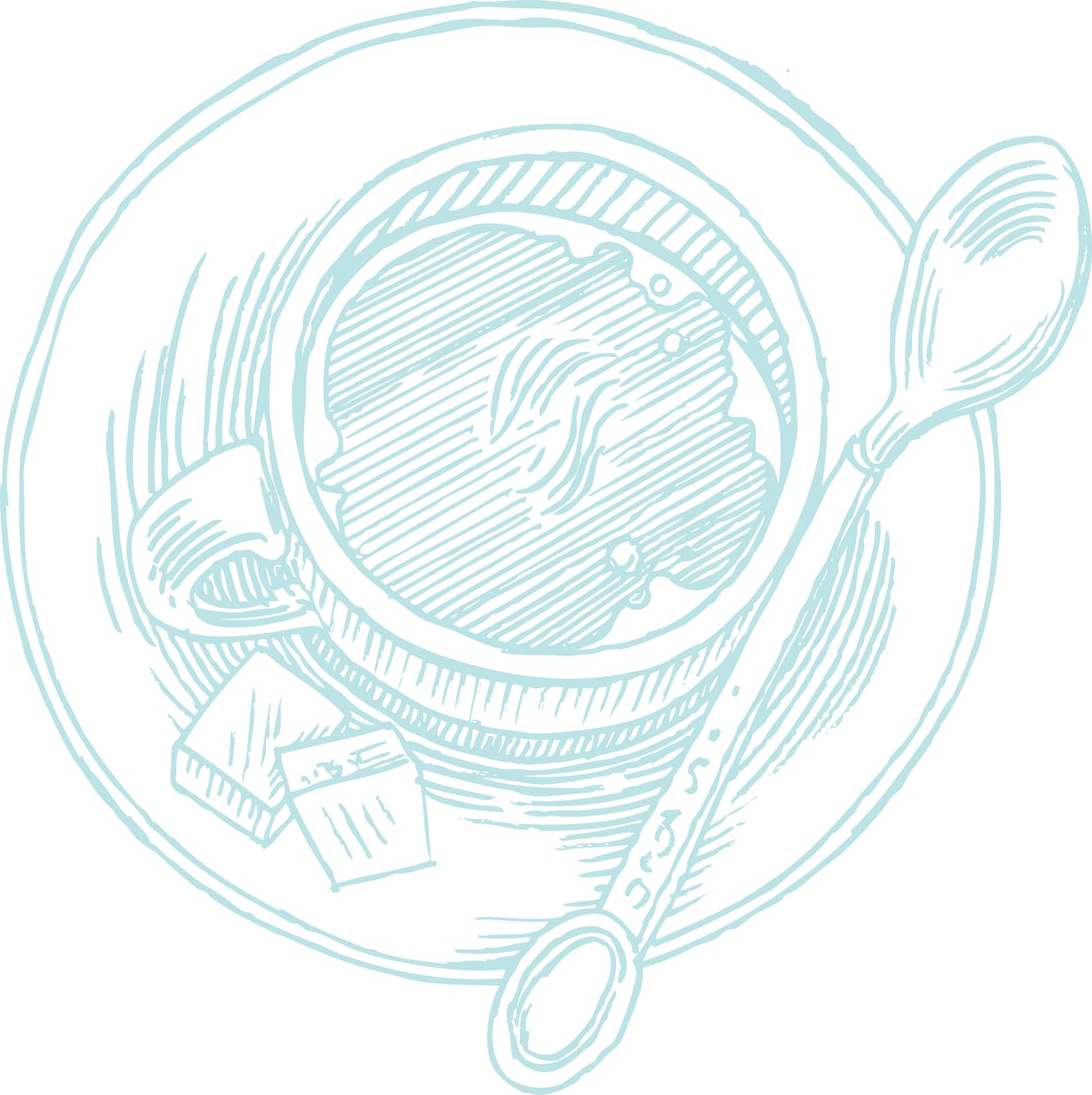 Illustration of a coffee cup on a saucer with a spoon and sugar cubes