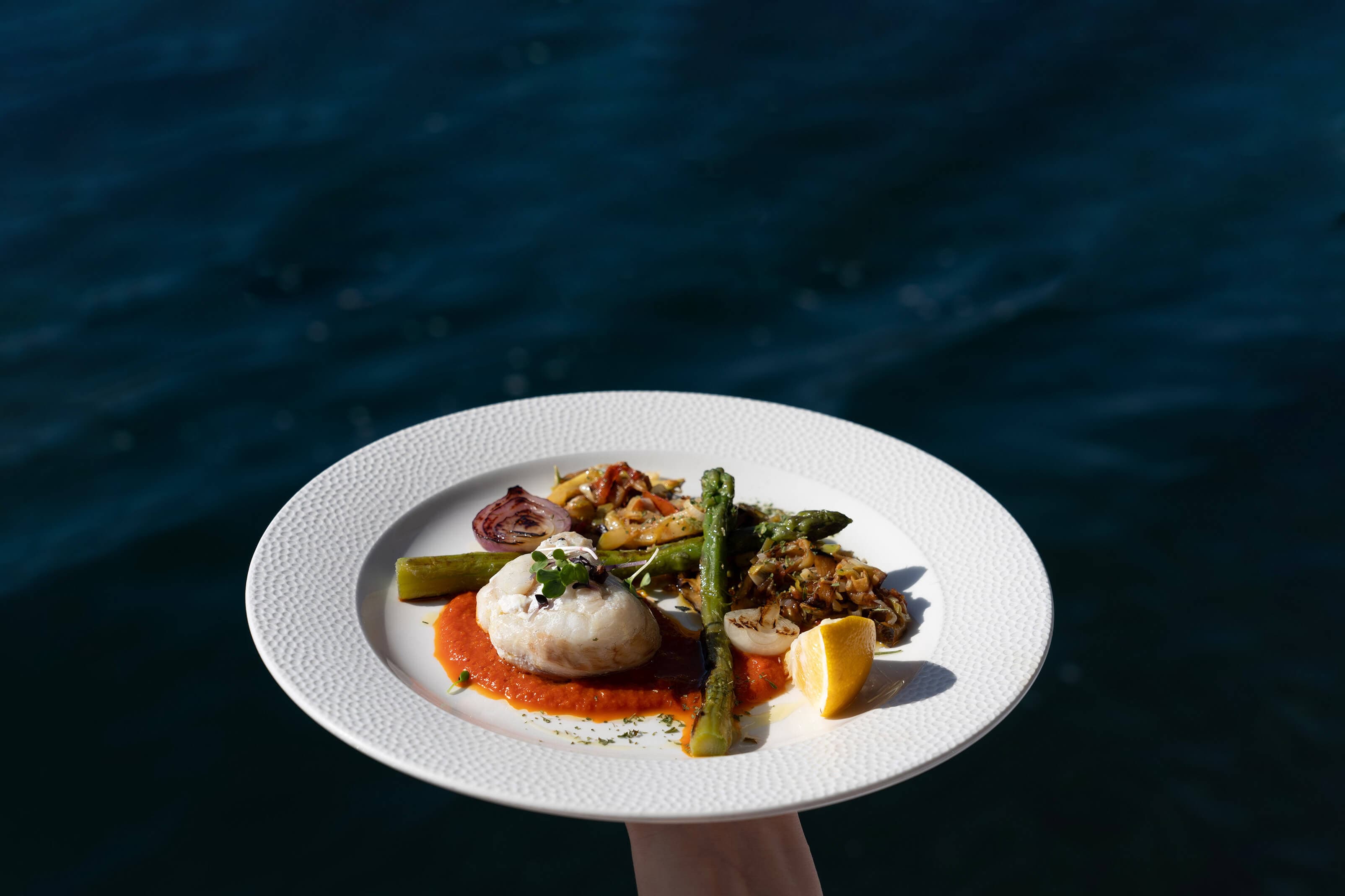 Seafood dish with fish, asparagus, and lemon on a white plate, with sea water in the background.