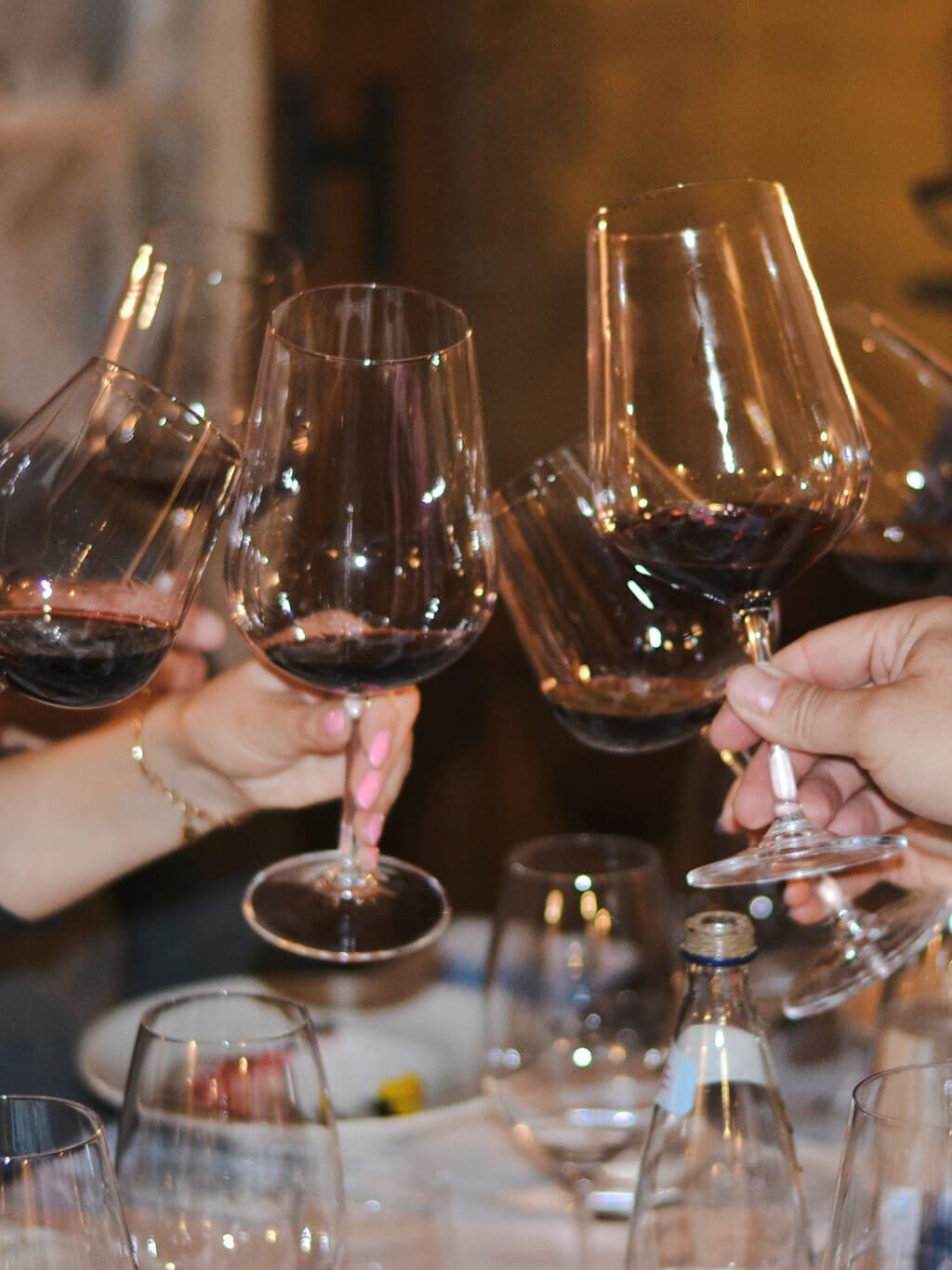 Guests toasting with red wine glasses during an exclusive event at restaurant Conte, showcasing a festive atmosphere.