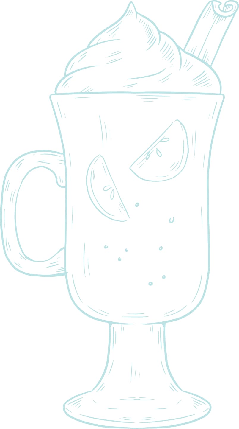 Illustration of a frappe with fruit slices in a tall glass with whipped cream on top