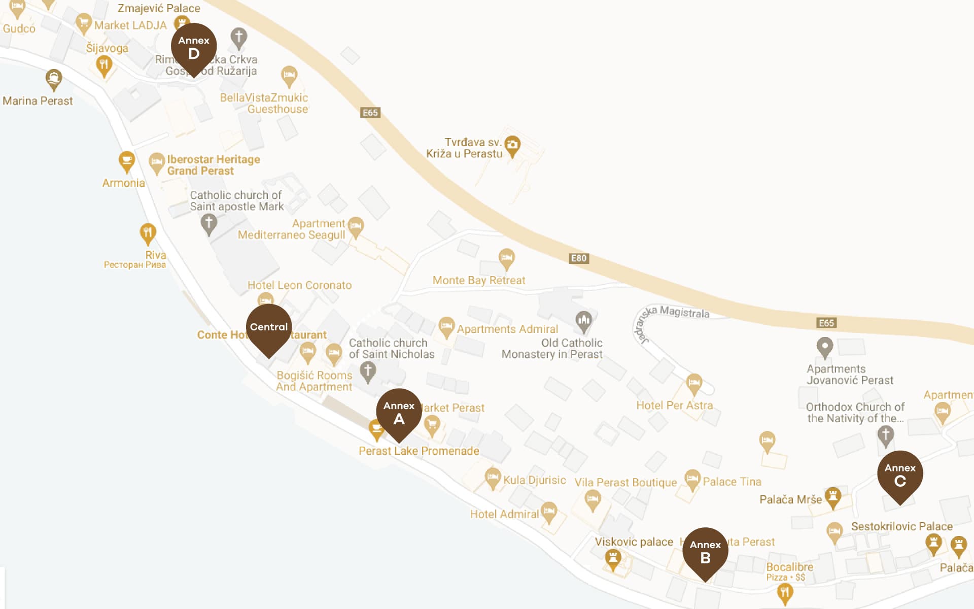 Map showing the locations of Hotel Conte and its annexes in Perast, Montenegro, highlighting nearby landmarks and accommodations.