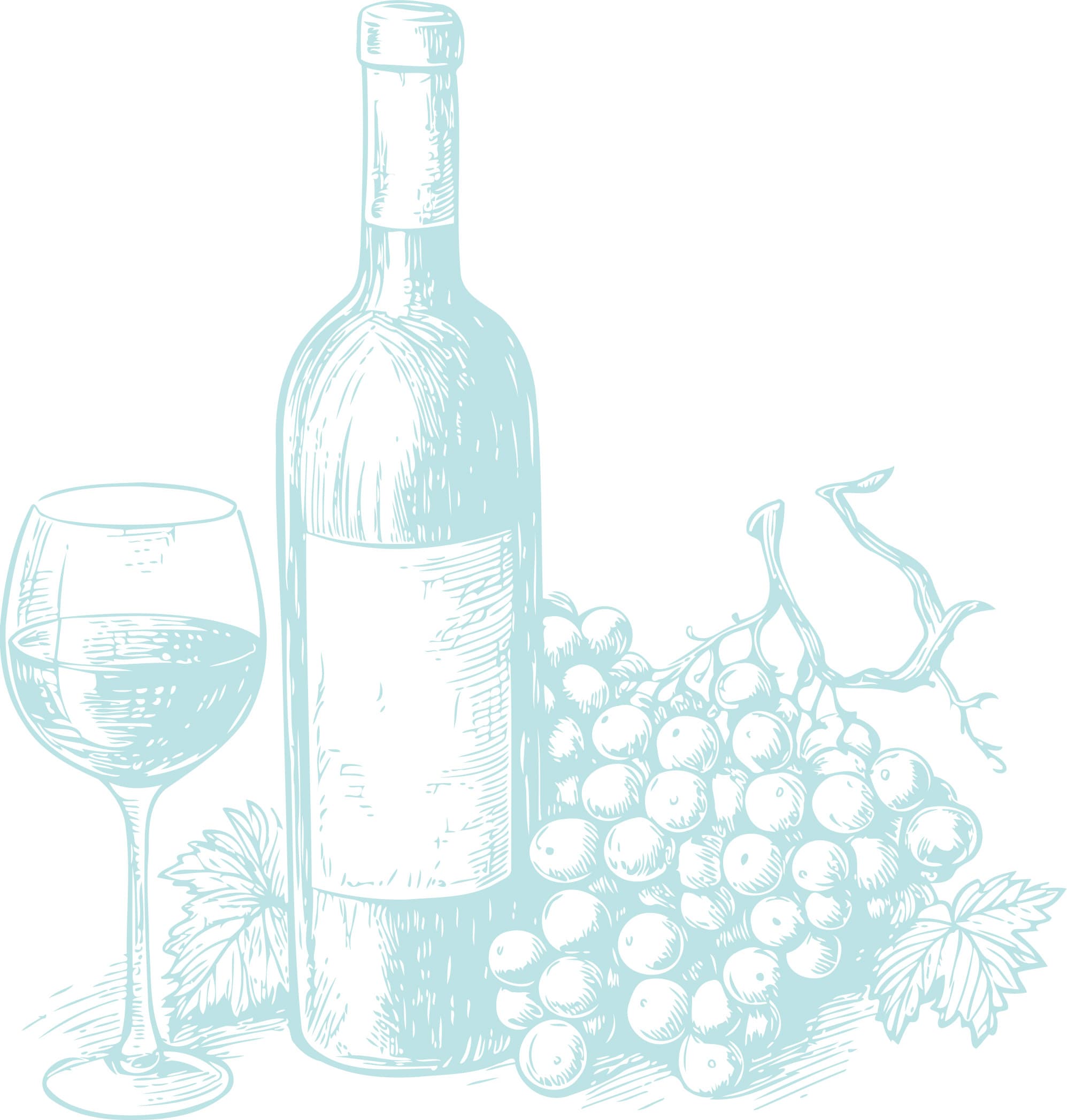 Illustration of a grape cluster, a bottle of wine and a full glass of red wine