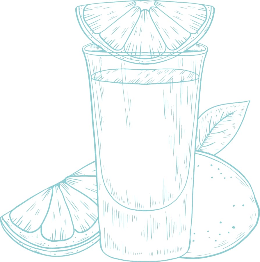 Illustration of a glass of tequila with lemon wedges