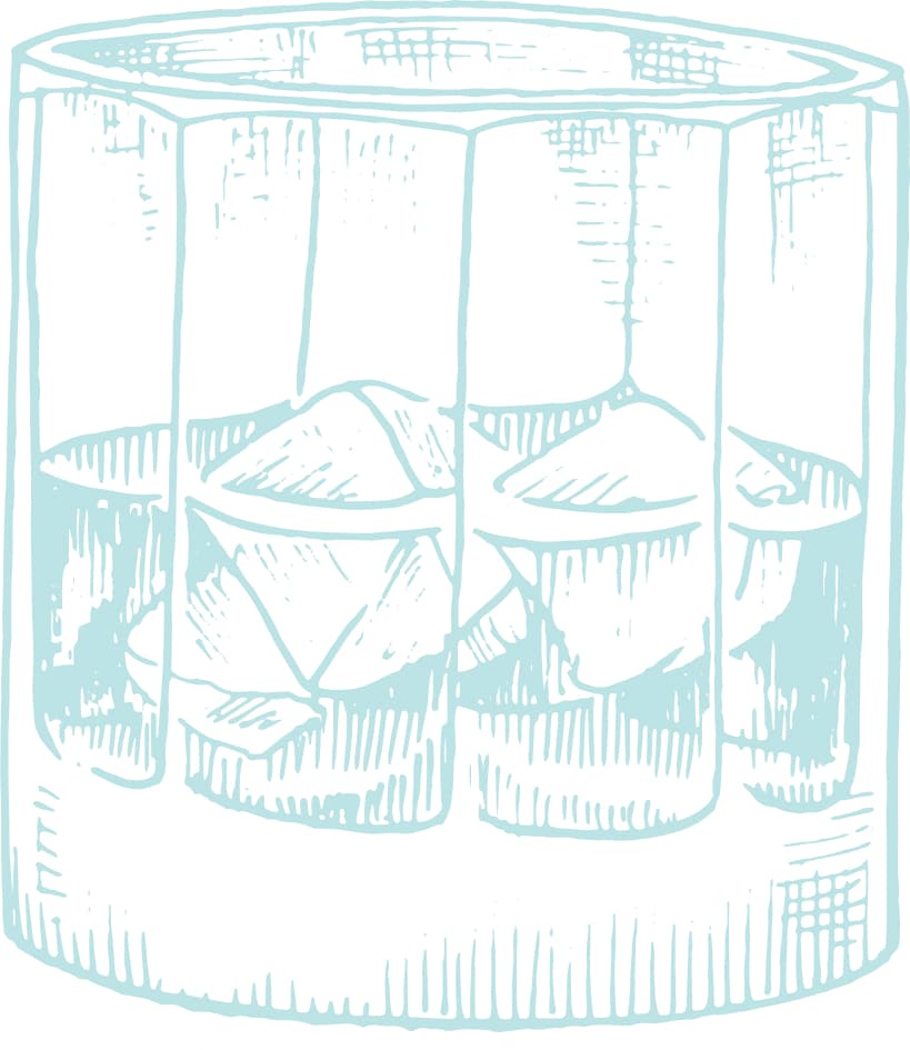 Illustration of a glass of whiskey with two ice cubes